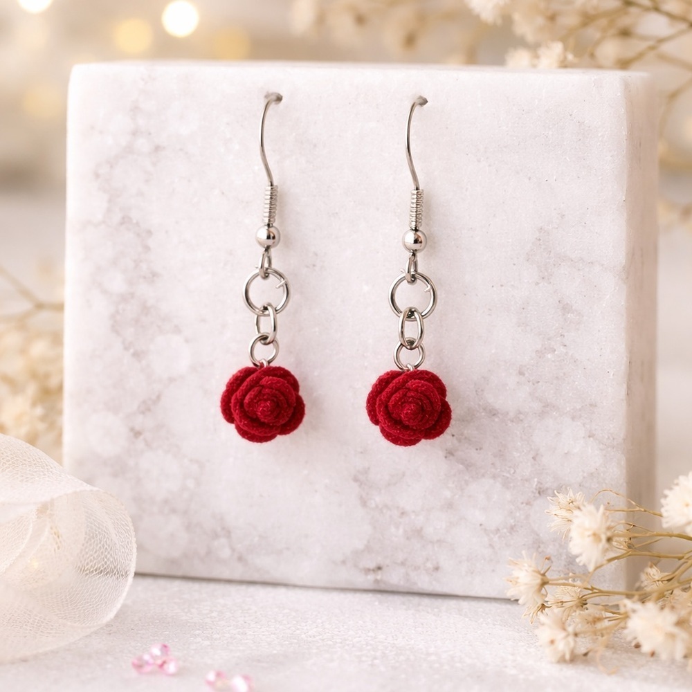 Elegant Rose Dangle Earrings in Red